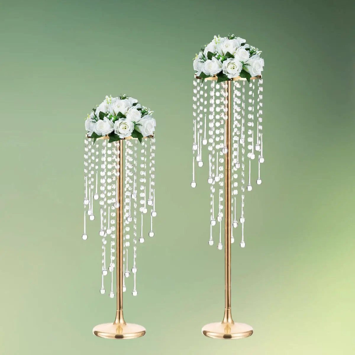 lej Centerpiece stativ med akryl krystaller | Guld dekorationsstativ | 55 og 75 cm med hvide blomster