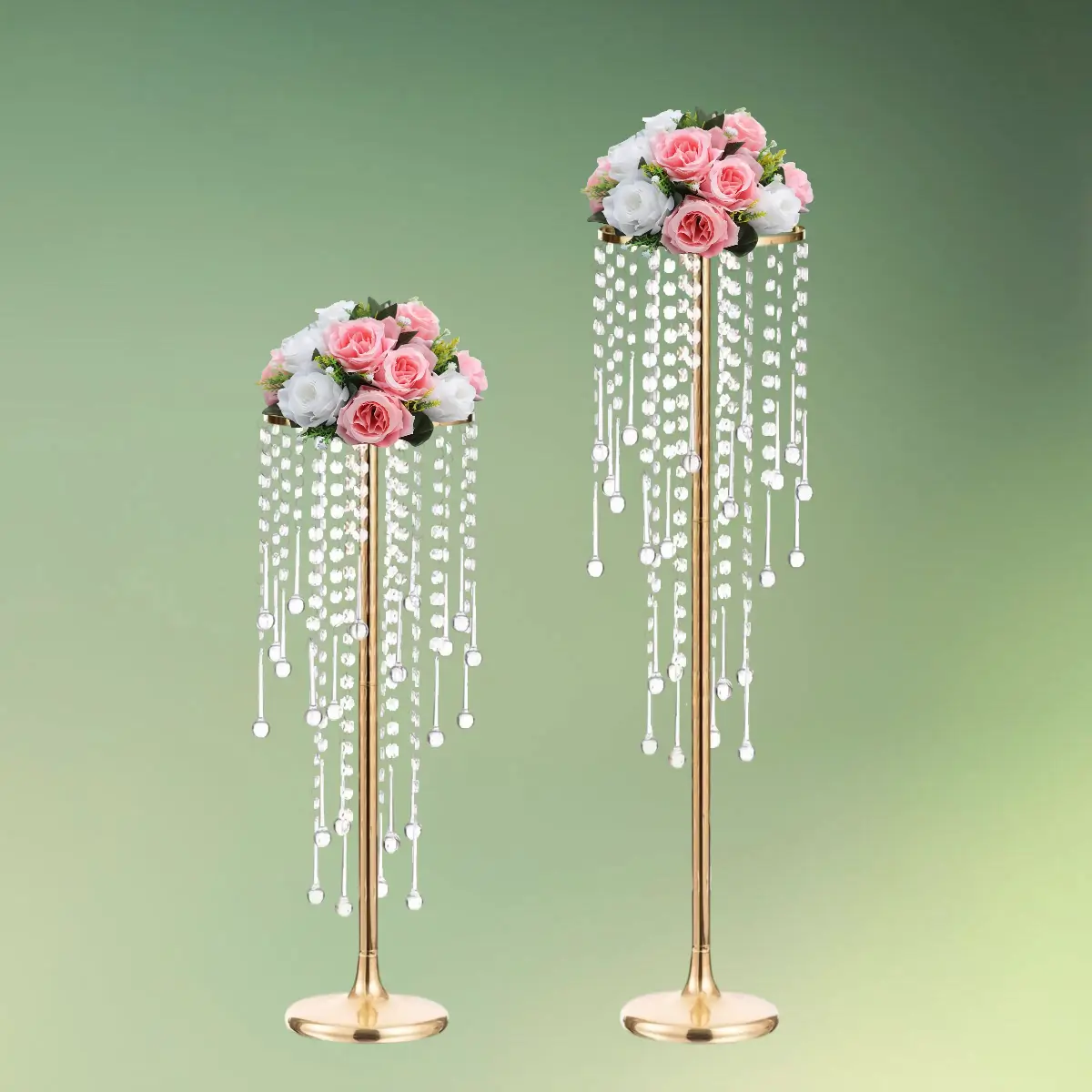 guld stativ med akryl krystaller 55 og 75 cm m hvid-pink blomster (1) lej Centerpiece stativ med akryl krystaller | Guld dekorationsstativ | 55 og 75 cm med pink blomster