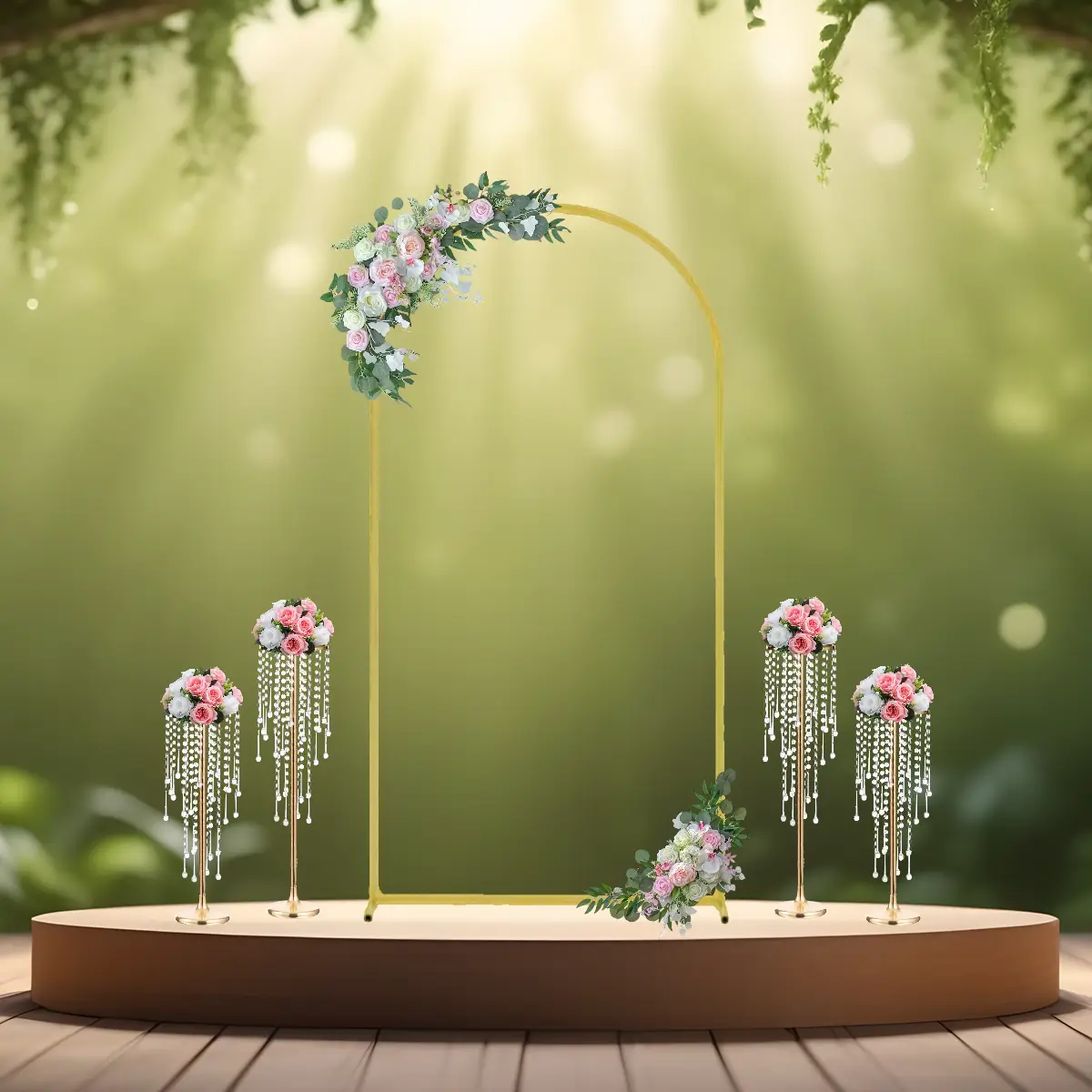 guld stativ med akryl krystaller 55 og 75 cm m pink blomster på podie (1) lej Kunstige blomster halvkugler med roser | Blomster til stativer | Hvid-Pink