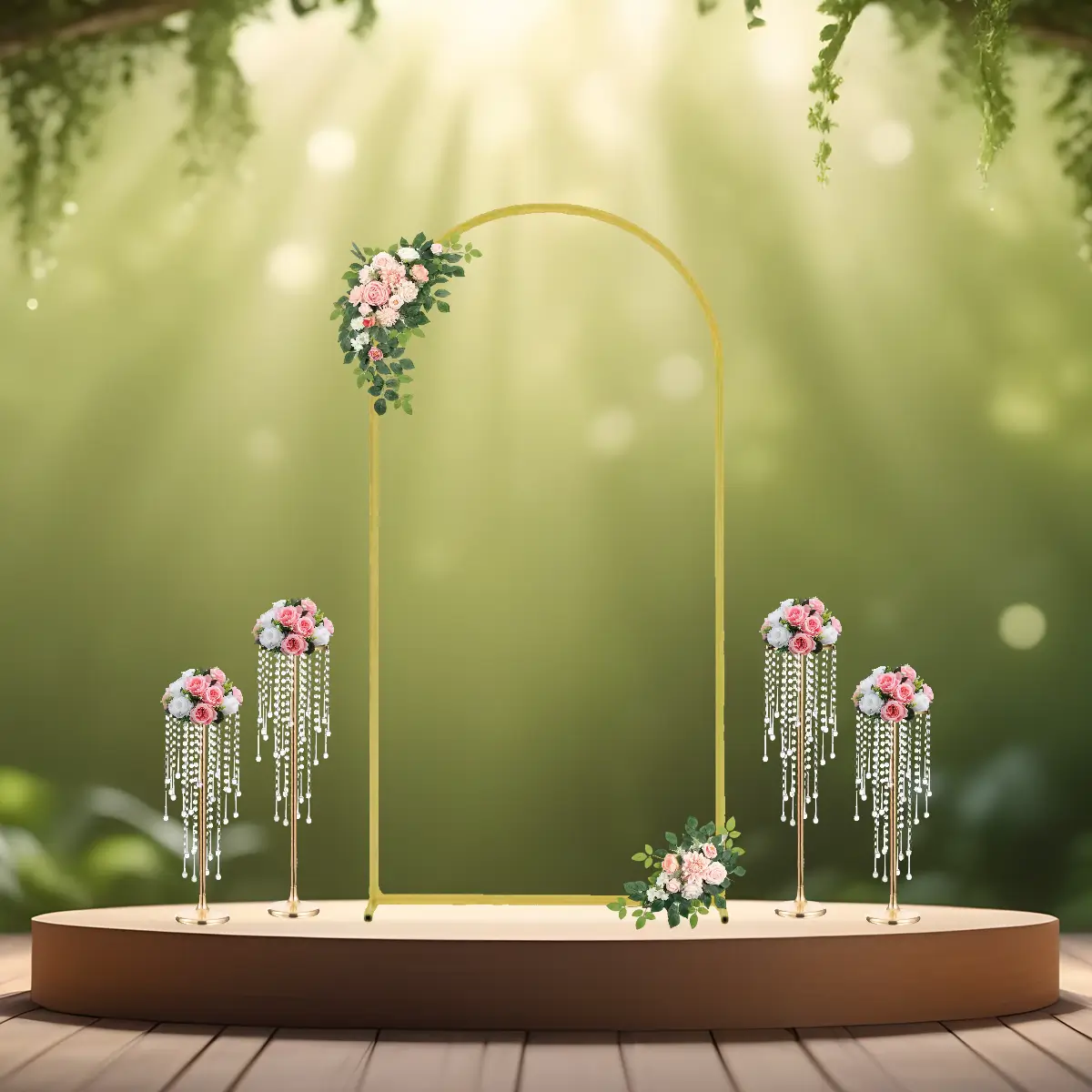 guld stativ med akryl krystaller 55 og 75 cm m pink blomster på podie 2 (1) lej Kunstige blomster halvkugler med roser | Blomster til stativer | Hvid-Pink