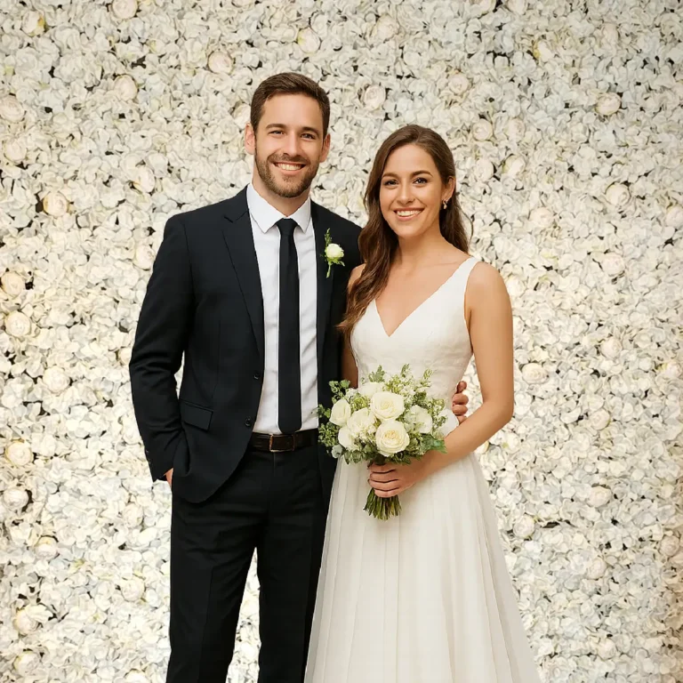 lej Champagne og hvid blomstervæg på stativ | 2 x 2,4 m. | Blomster panel backdrop