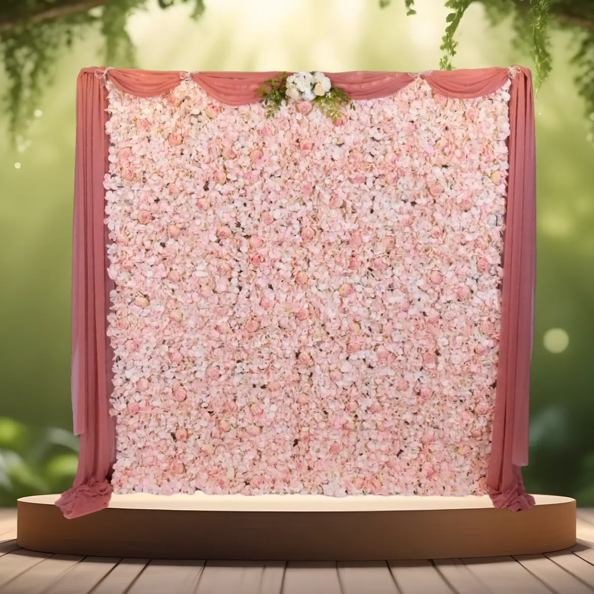 kunstig blomstervægpanel - lyserød væg m pynt på 2x2 bue (1) Blomstervæg panel | Lyserød | Kunstig blomster backdrop på 2x2 m gylden vielsesbue / backdrop med støvet pink chiffonstof og kunstig blomsterdekoration