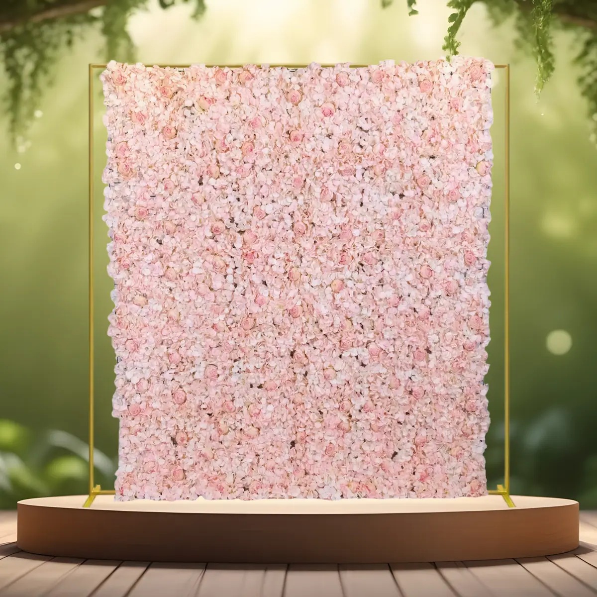 kunstig blomstervægpanel - lyserød væg på 2x2 bue (1) Blomstervæg panel | Lyserød | Kunstig blomster backdrop på 2x2 m gylden vielsesbue / backdrop