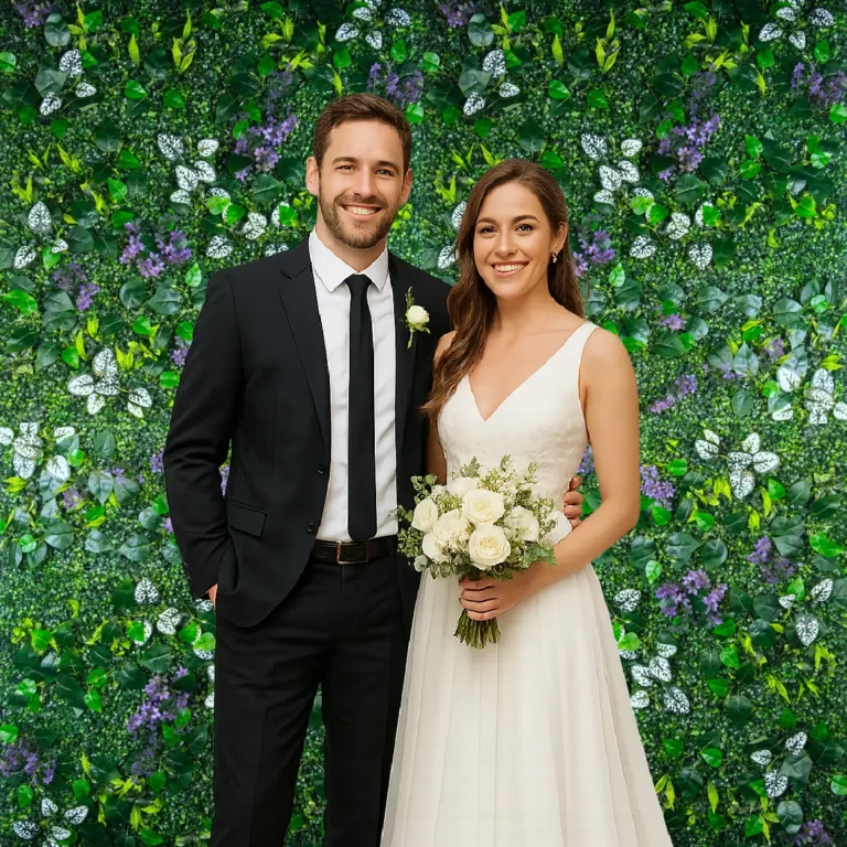 lej Grøn og lilla blomstervæg på stativ | Marias mix | 2 x 2,4 m. | Plantepanel backdrop