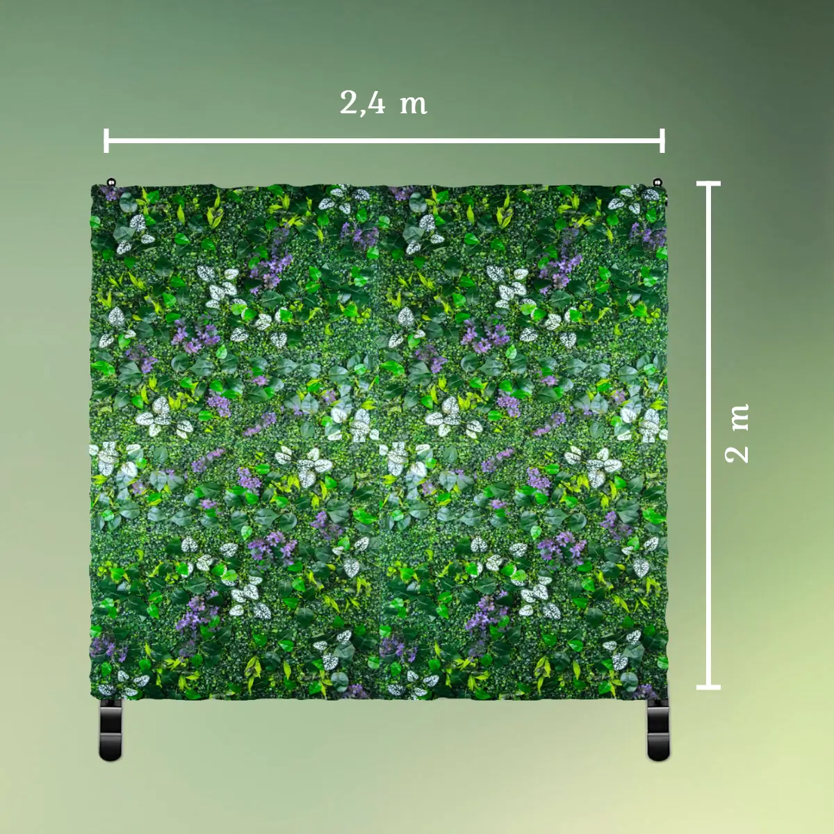 kunstig plantevægpanel - Marias mix på sort stativ 2 x 2,4 m mål (1) lej Grøn og lilla blomstervæg på stativ | Marias mix | 2 x 2,4 m. | Plantepanel backdrop