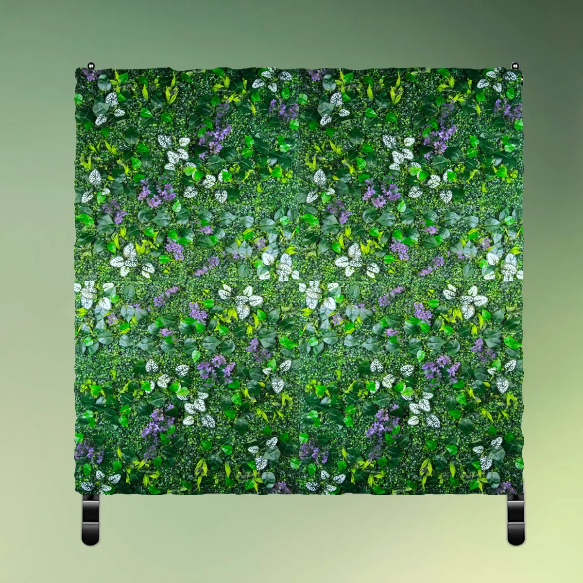 kunstig plantevægpanel - Marias mix på sort stativ 2,4 x 2,4 m (1) lej Grøn og lilla blomstervæg på stativ | Marias mix | 2,4 x 2,4 m. | Plantepanel backdrop