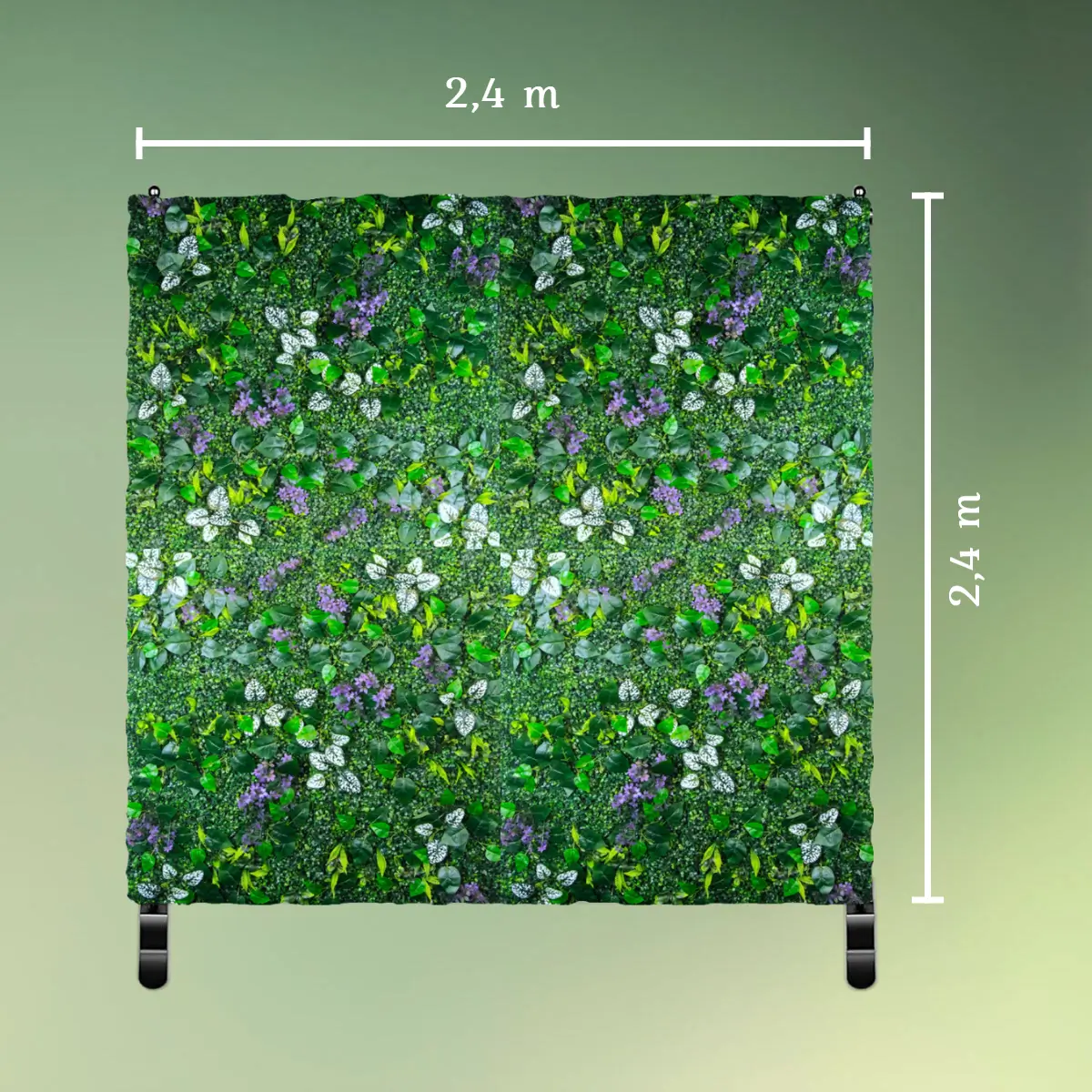 kunstig plantevægpanel - Marias mix på sort stativ 2,4 x 2,4 m mål (1) lej Grøn og lilla blomstervæg på stativ | Marias mix | 2,4 x 2,4 m. | Plantepanel backdrop
