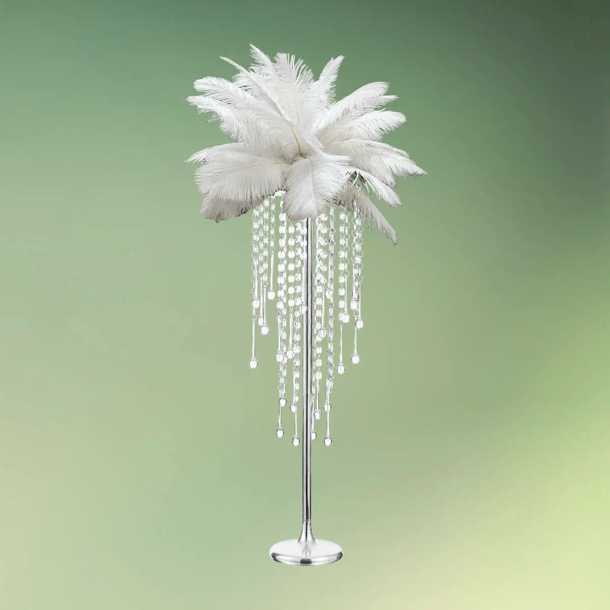 lej Fjerdekoration | Hvide strudsefjer | Dekoration med fjer til centerpiece mv. med sølv 75 cm stativ med krystaller