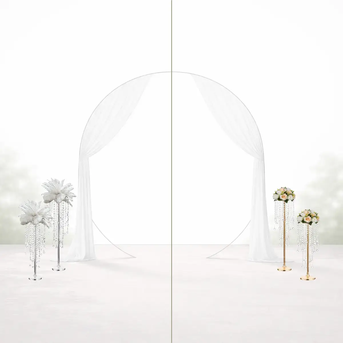 stativer med krystaller - sølv fjer - guld creme - split billede